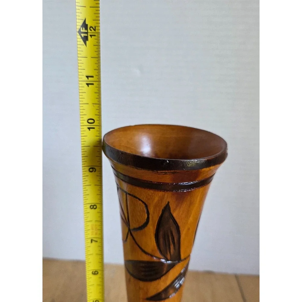Vintage Hand Carved Turned Wooden Vase Floral and Leaf Etched Design 10 inches